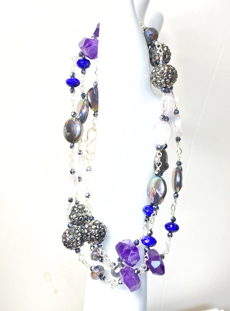 Long Blue Violet Necklace Amethyst Kunzite Coin Pearl Sterling Silver 2