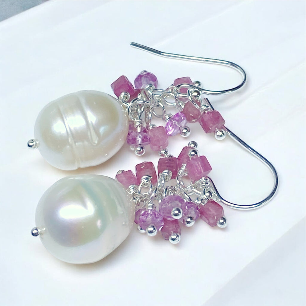 Pearl Cluster Earrings with Pink Tourmaline, Pink Topaz, Gold Fill or Sterling Silver