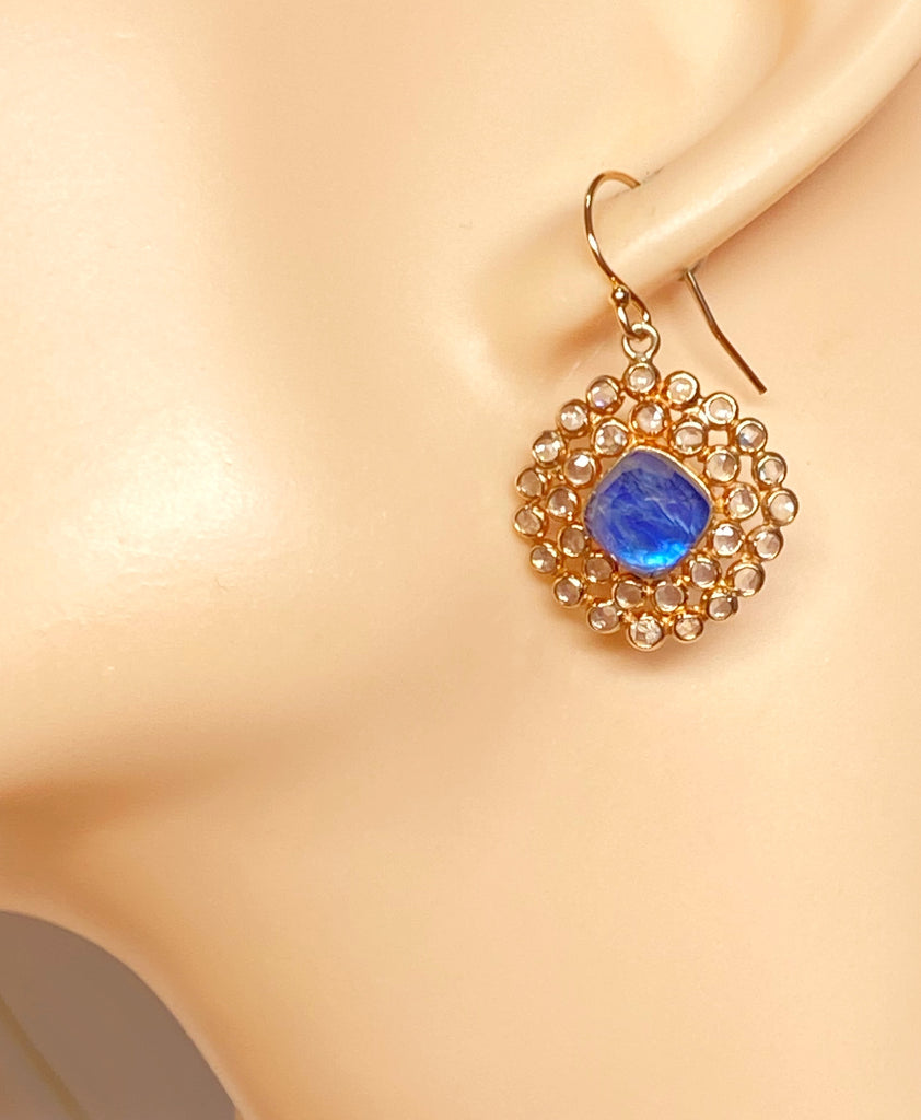 Rose Gold Earrings Pave White Topaz Kyanite Dangle Blue & White