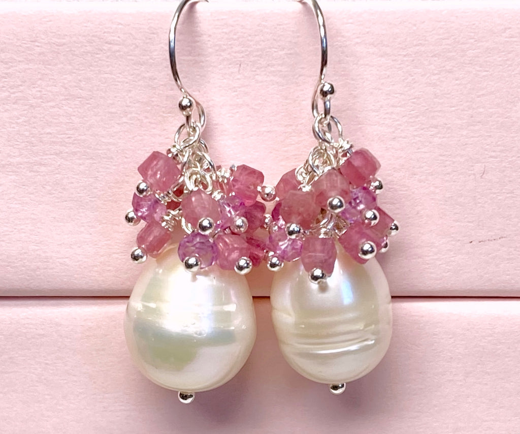 Pearl Cluster Earrings with Pink Tourmaline, Pink Topaz, Gold Fill or Sterling Silver