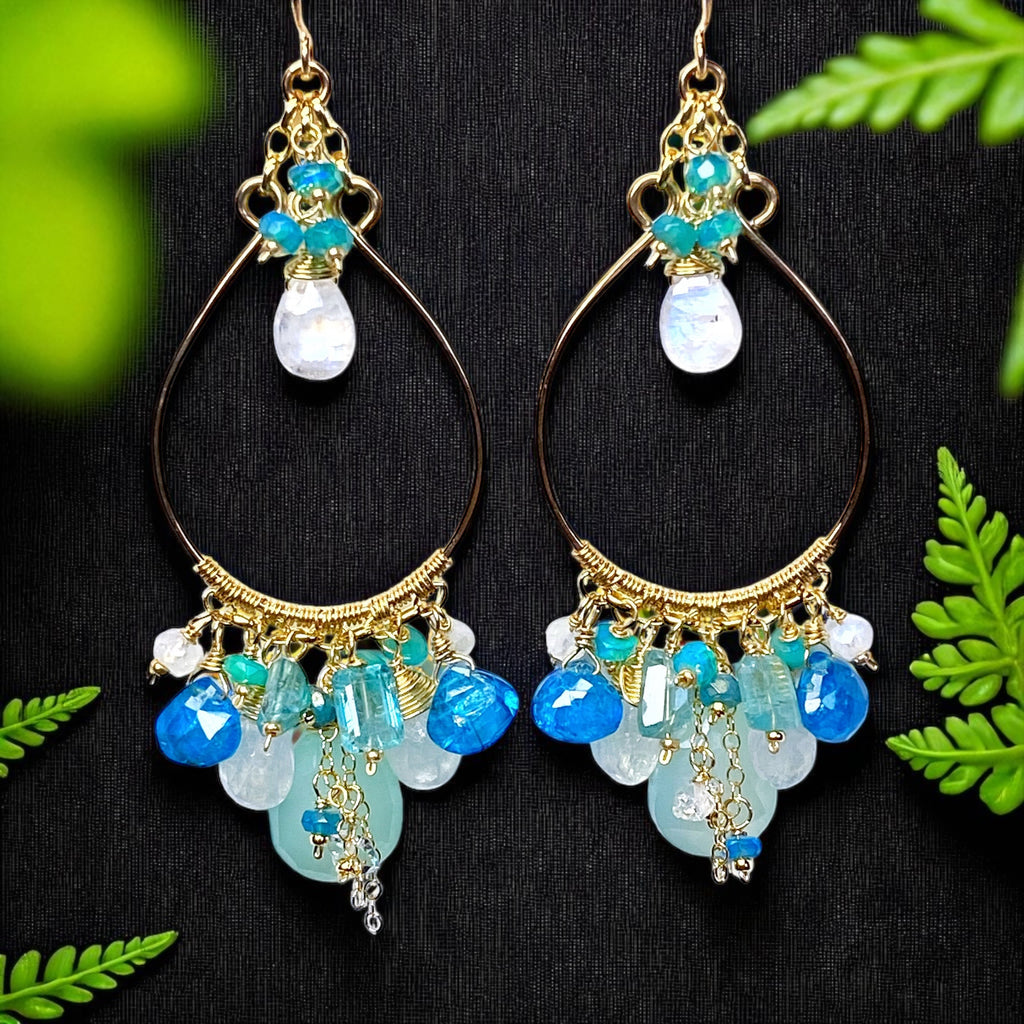Aqua and Moonstone Statement Hoop Chandelier Earrings Gold