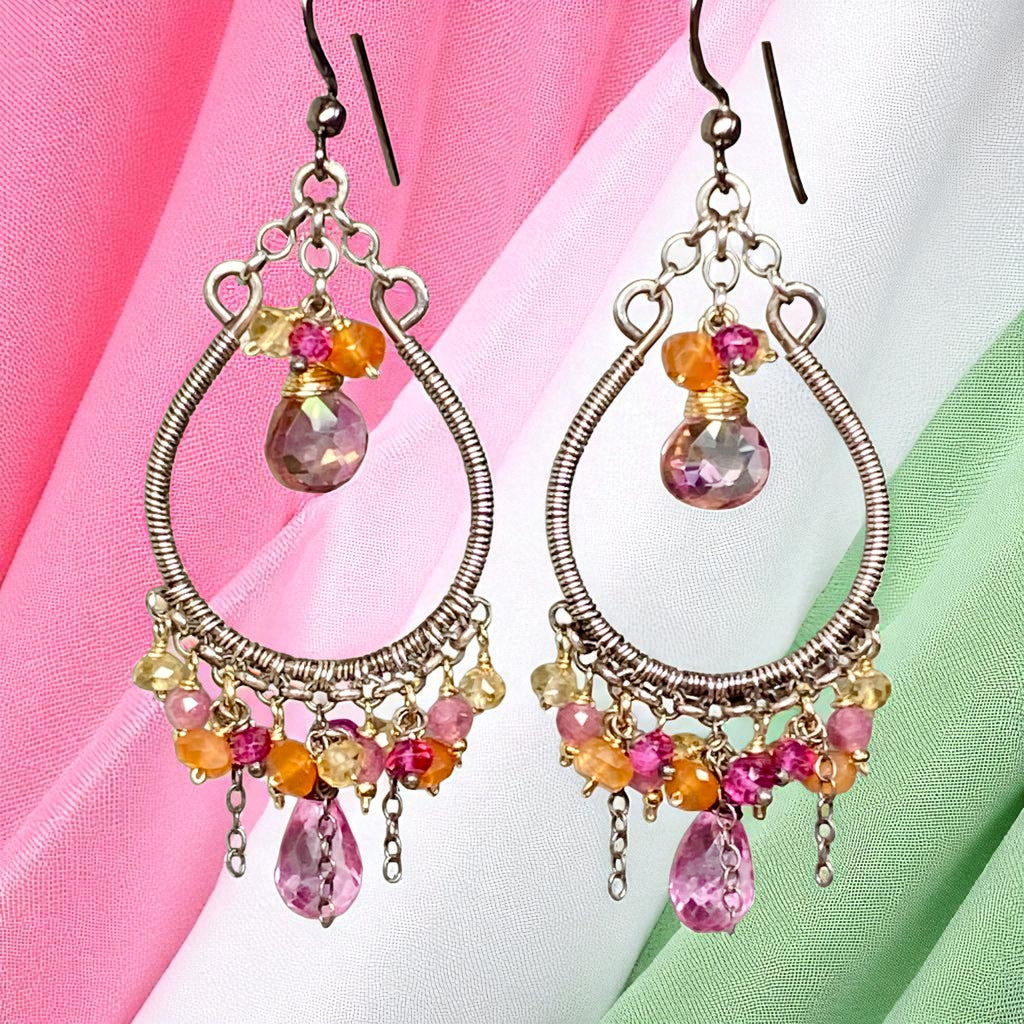 Multi-color Gemstone Hoop Chandelier Earrings in Mixed Metals