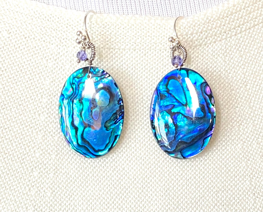 Blue Abalone Statement Dangle Earrings Sterling Silver