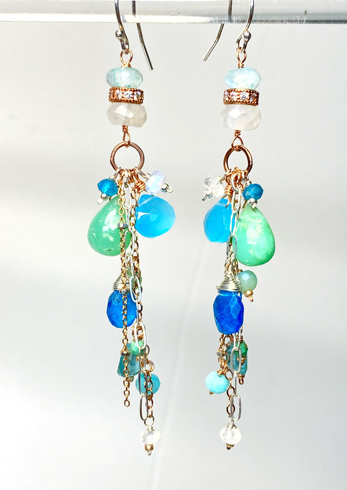 Rose Gold Long Boho Dangle Earrings Mixed Metal with Chrysoprase, Blue Chalcedony and Moonstone