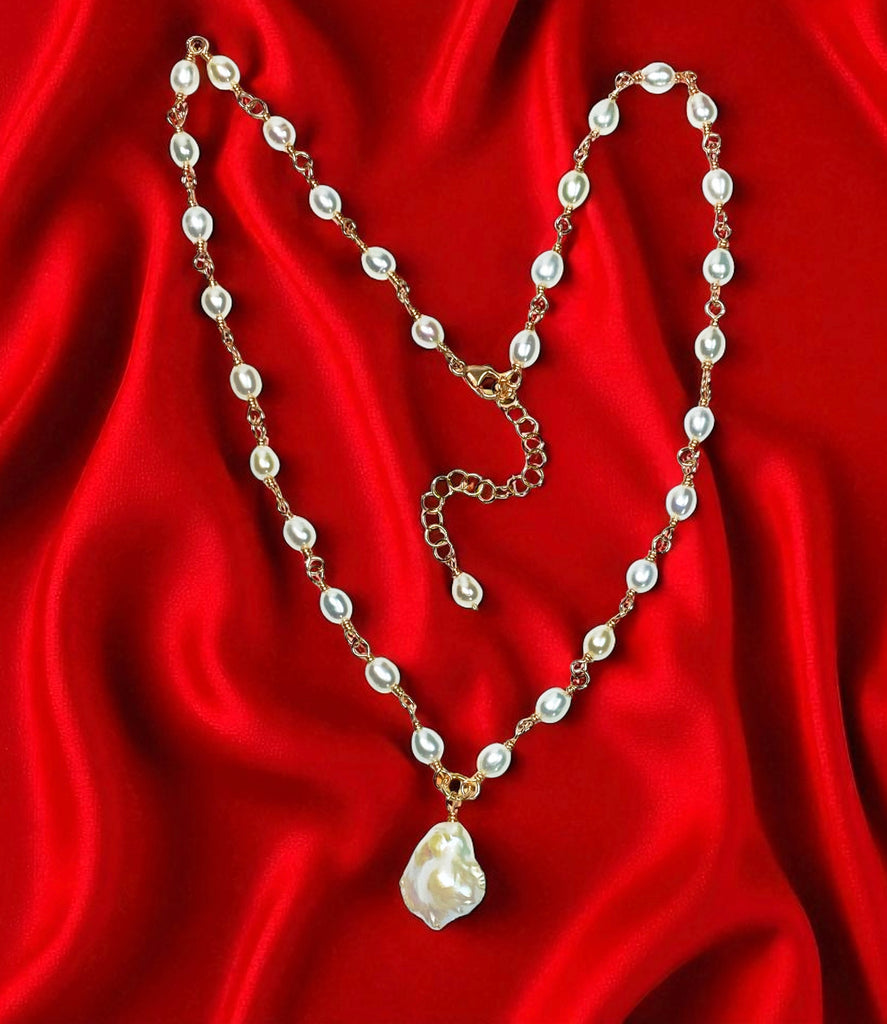 Dainty Baroque Pearl Necklace Wire Wrapped Rosary Style Rose Gold Fill