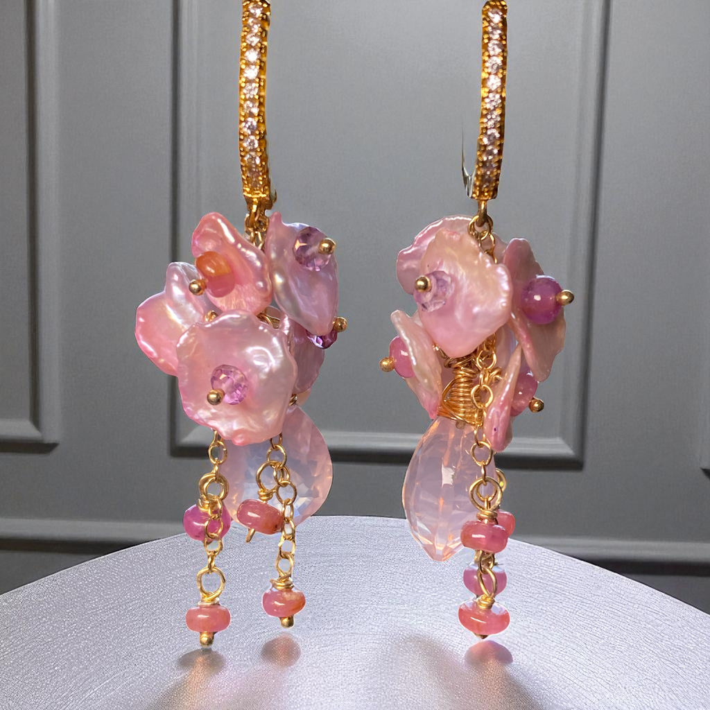Rose Quartz Pink Keishi Pearl Cluster Earrings