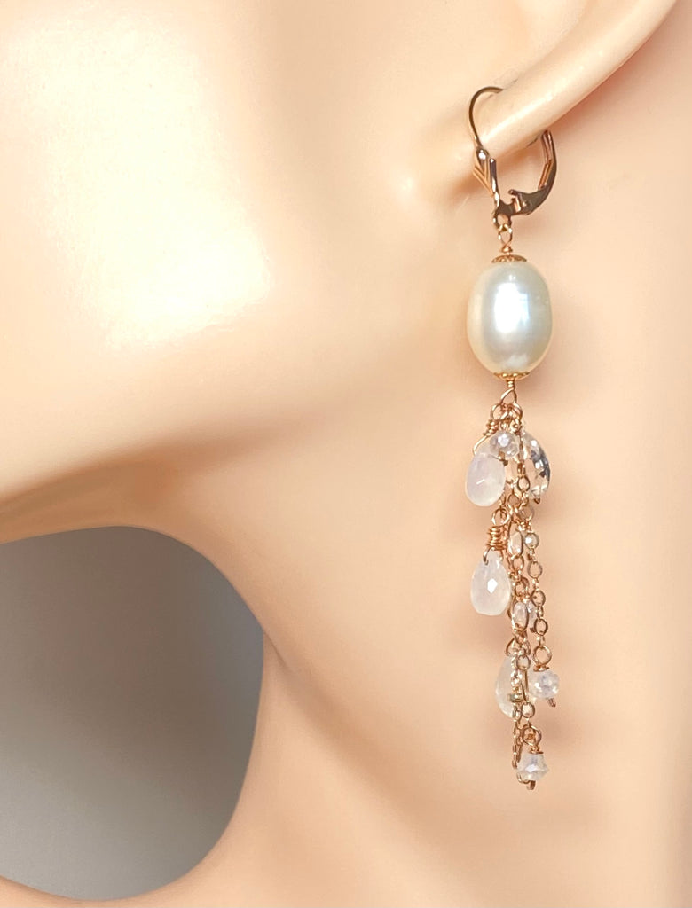 Rose Gold Pearl Moonstone Clear Zircon Long Dangle Earrings