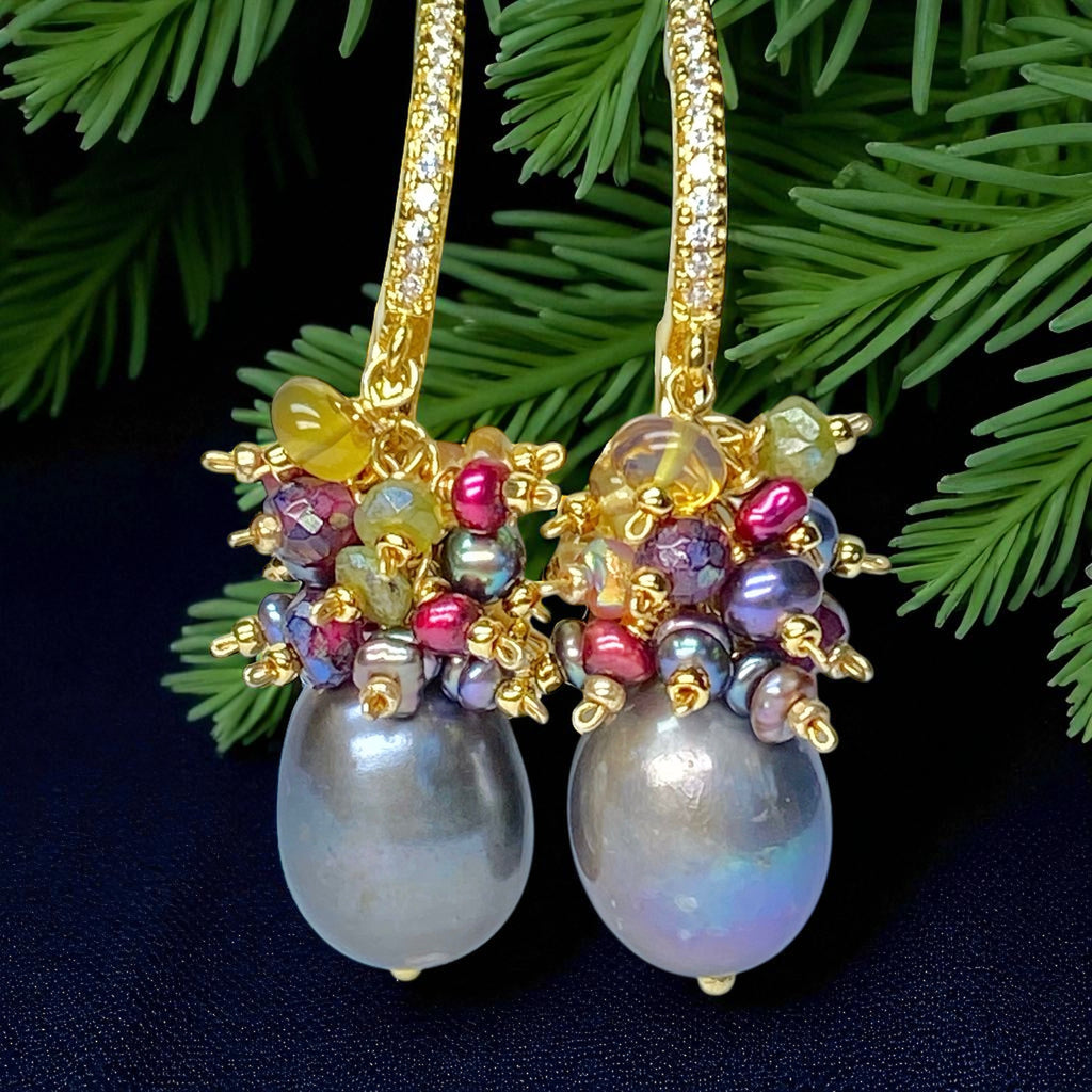 Grey Pearl Earrings with Colorful Gemstone Clusters in Sterling Silver