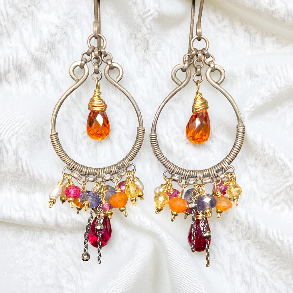 Multi Gemstone Mixed Metal Hoop Chandelier Earrings