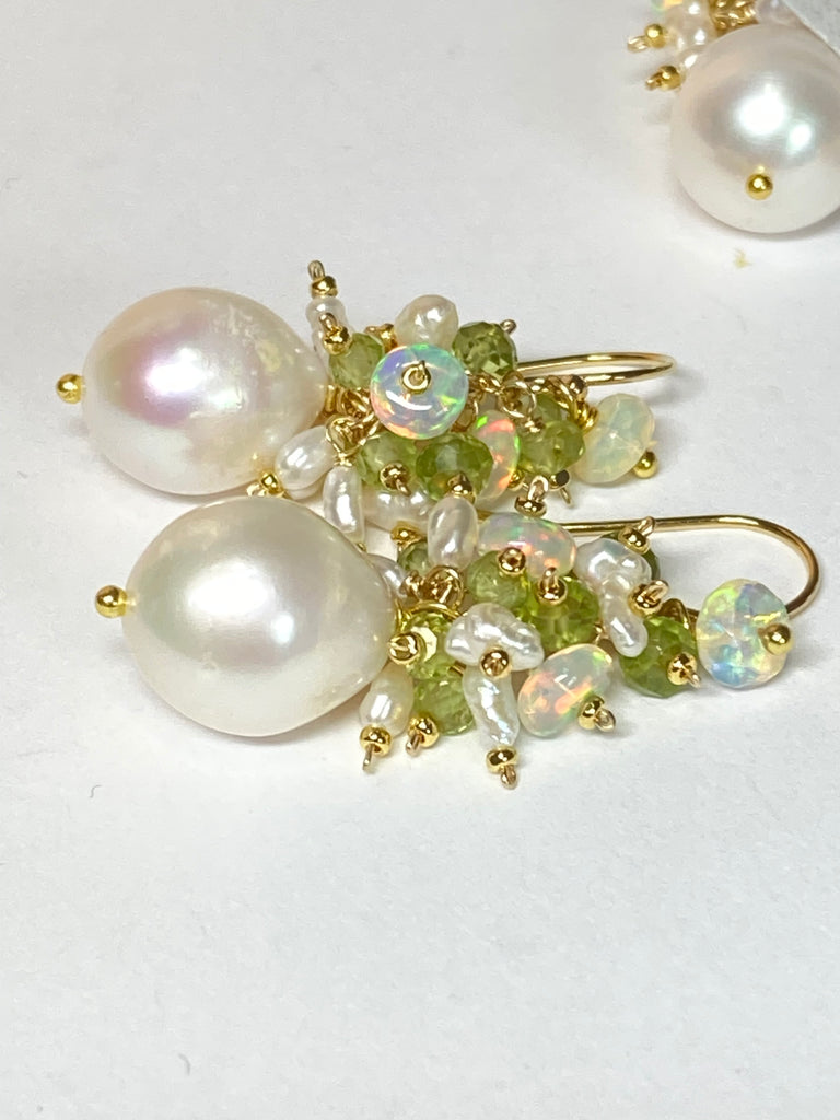 Peridot, Opal, Pearl Cluster Earrings Gold Fill 2