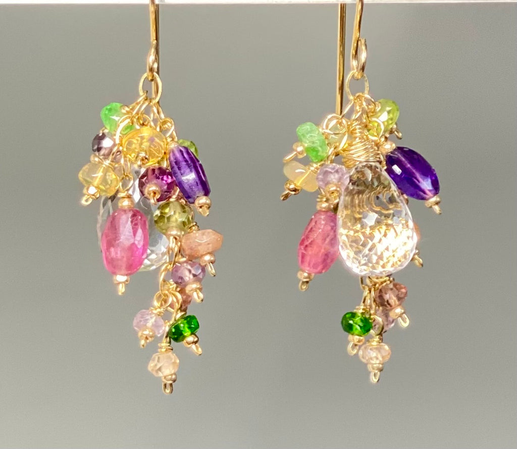 Crystal Quartz Dangle Earrings with Multi Gemstone Cluster in Gold Fill, 12