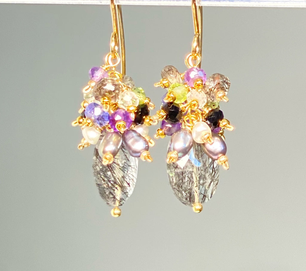 Black Rutilated Quartz Tanzanite Peridot Amethyst Cluster Earrings 2