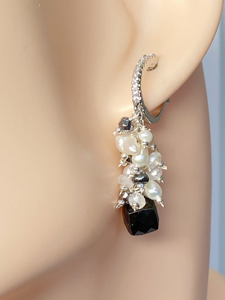 Black Spinel, Pearl and Moonstone Cluster Earrings