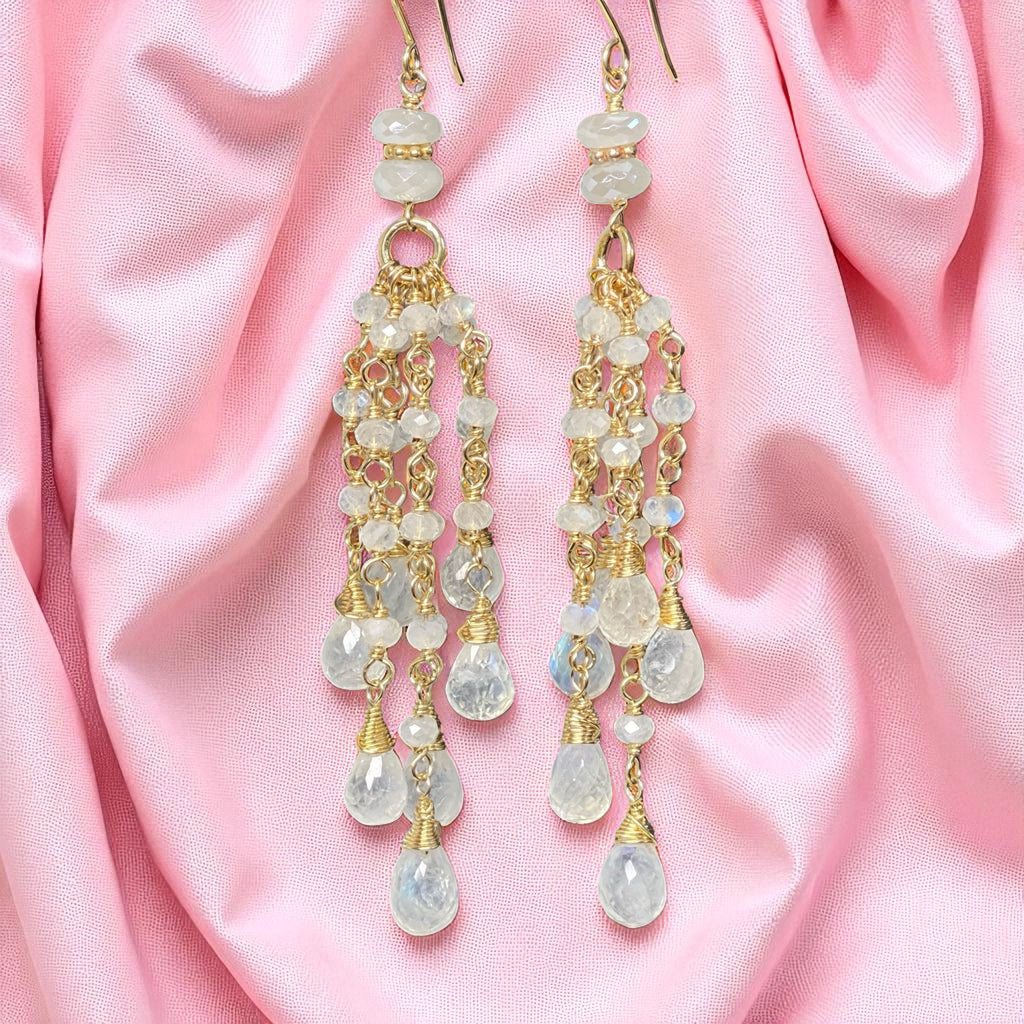 Rainbow Moonstone Tassel Earrings Gold