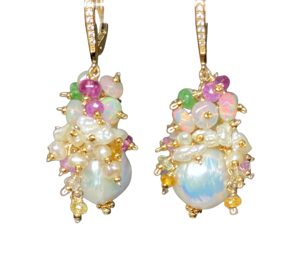 Baroque Edison Pearl and Opal Statement Earrings with Sapphire, Tsavorite