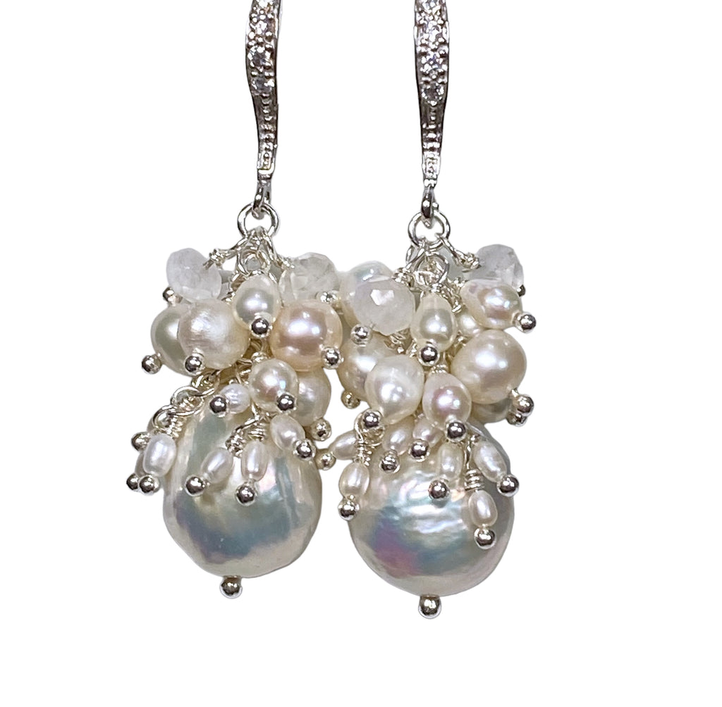 White Edison Pearl Cluster Earrings with Moonstone in Sterling Silver