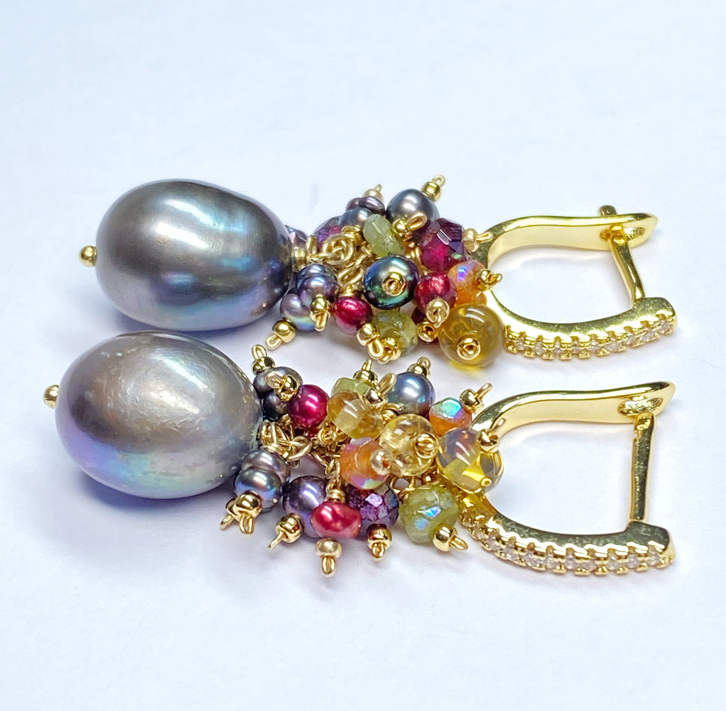 Grey Pearl Earrings with Colorful Gemstone Clusters in Sterling Silver