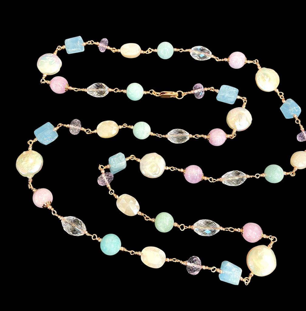 Long Multi Gemstone Pearl Necklace Aquamarine Amethyst Kunzite Rose Gold Fill