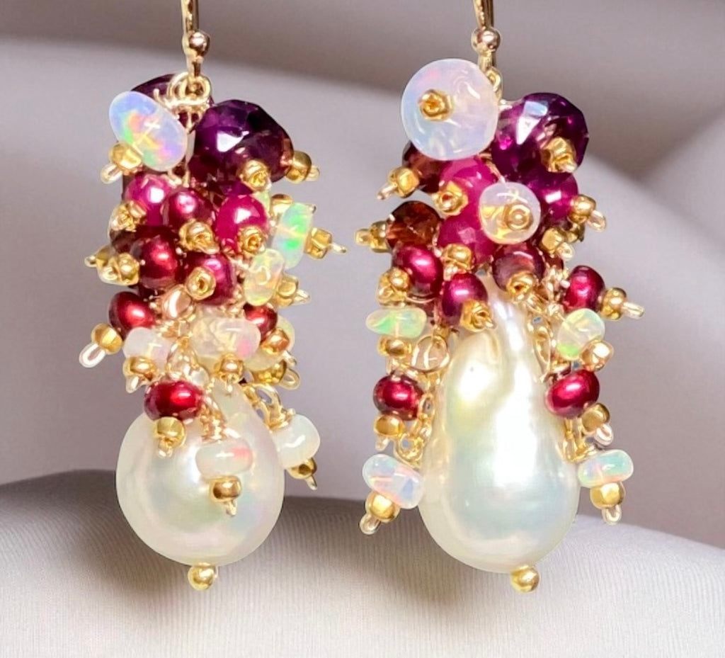 Baroque Pearl Earrings with Rubies, Garnets and Fiery AAA Ethiopian Opals 2