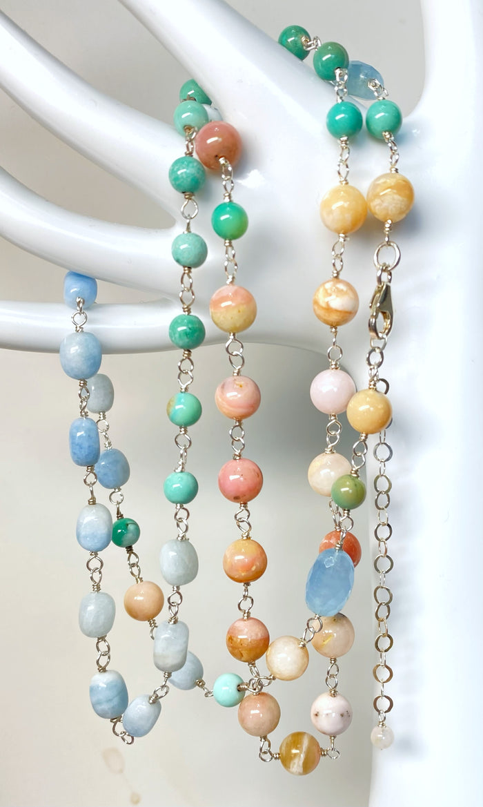 Multi-color Gemstone Necklace Wire Wrapped Opal Chrysoprase Aquamarine