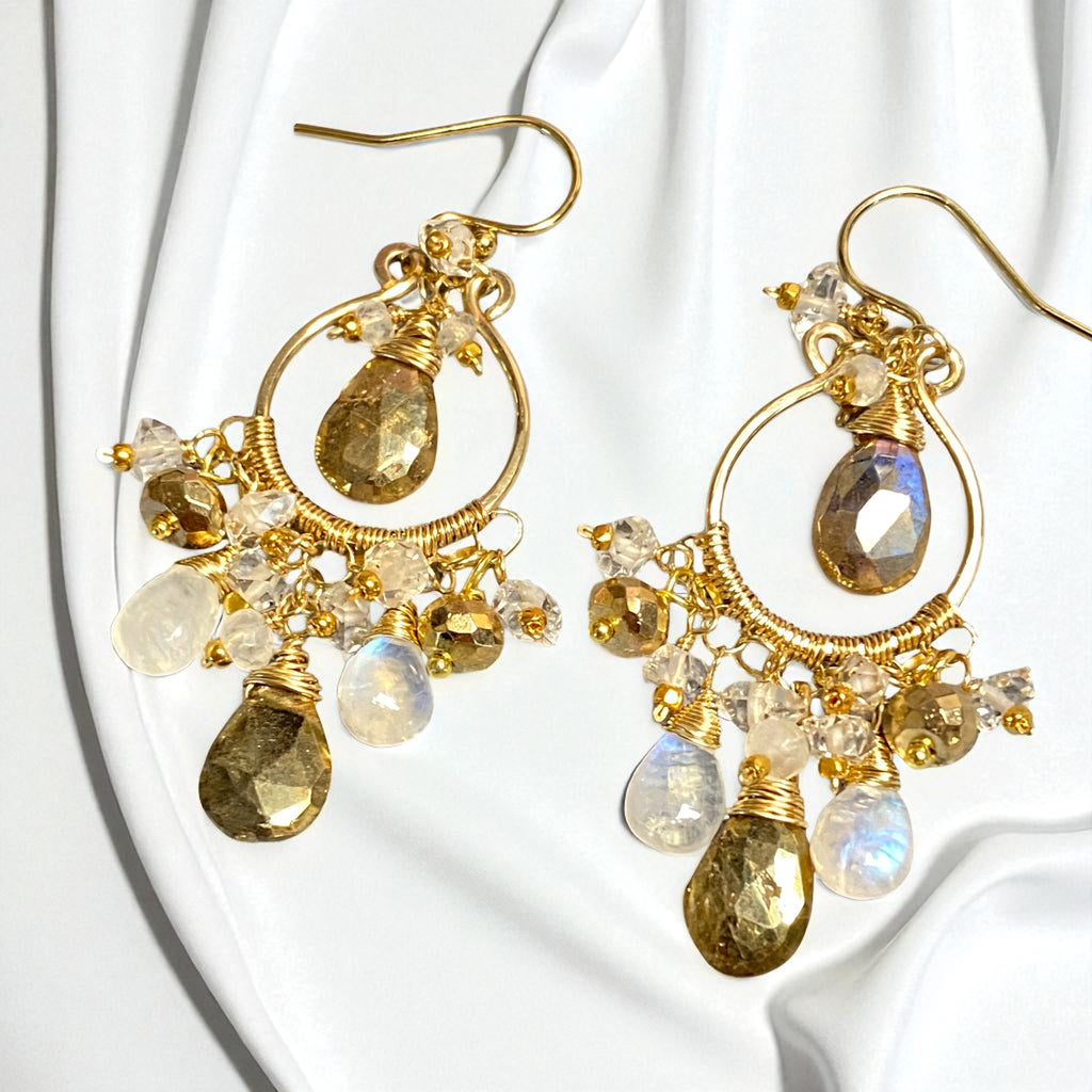 Rainbow Moonstone Gold Labradorite Chandelier Hoop Earrings Gold Fill