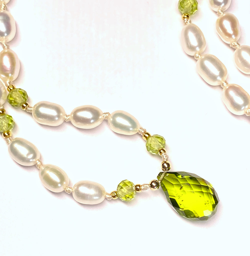 Peridot Gemstone and Pearl Pendant Necklace on 14 kt Gold Fill