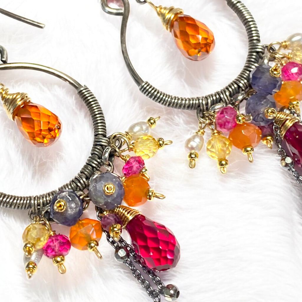 Multi Gemstone Mixed Metal Hoop Chandelier Earrings