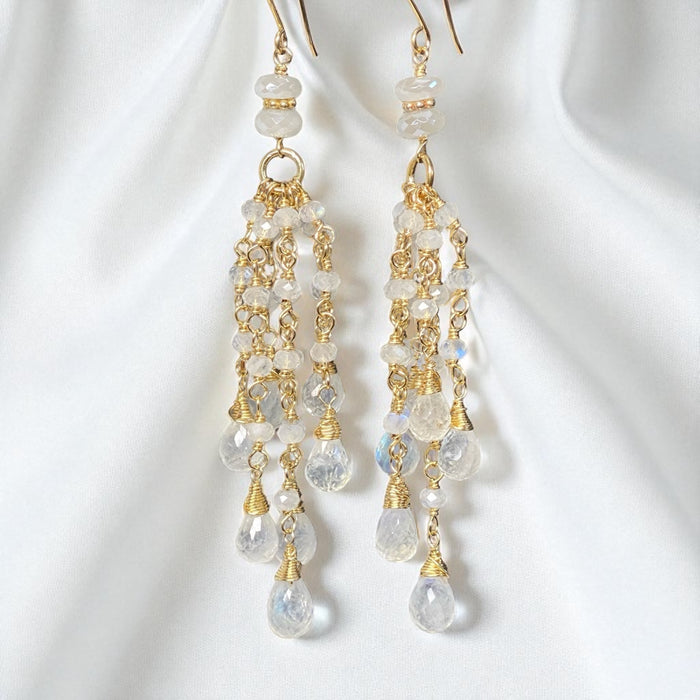 Rainbow Moonstone Tassel Earrings Gold
