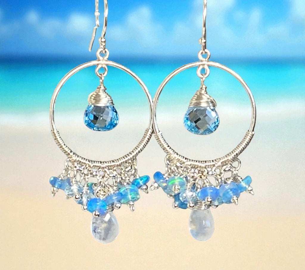 Blue Topaz, Opal, Chandelier Hoop Earrings Sterling Silver
