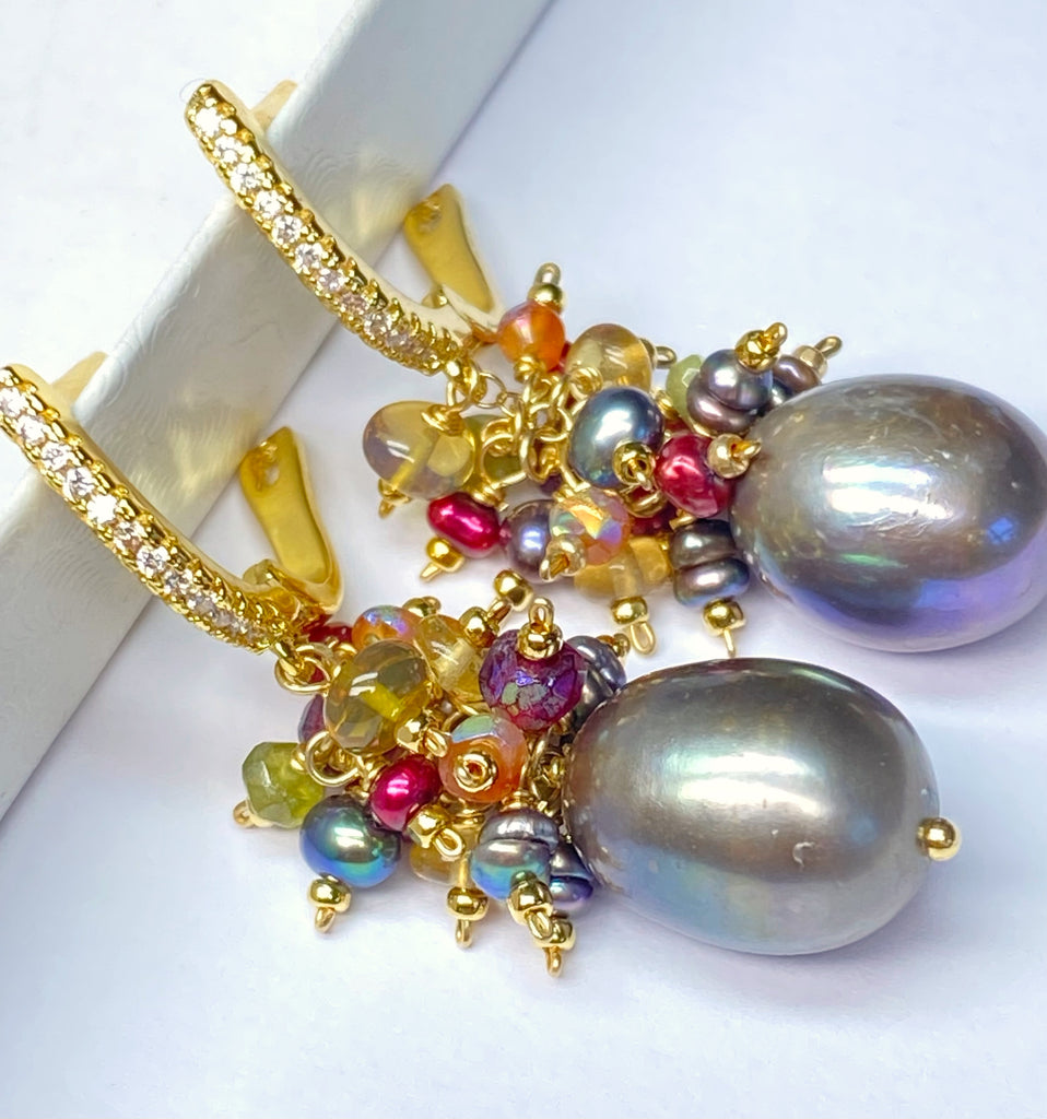 Grey Pearl Earrings with Colorful Gemstone Clusters in Sterling Silver