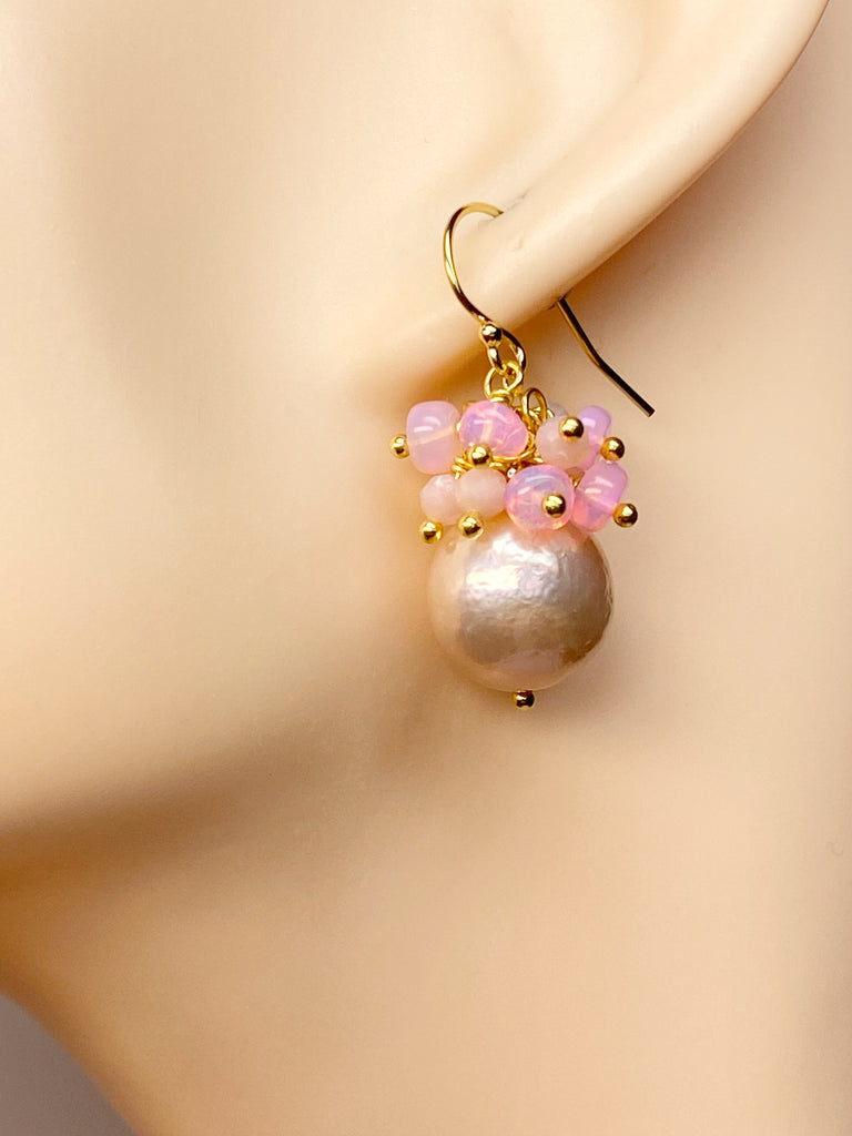 Pink Blush Pearl Pink Opal Cluster Earrings Gold Fill