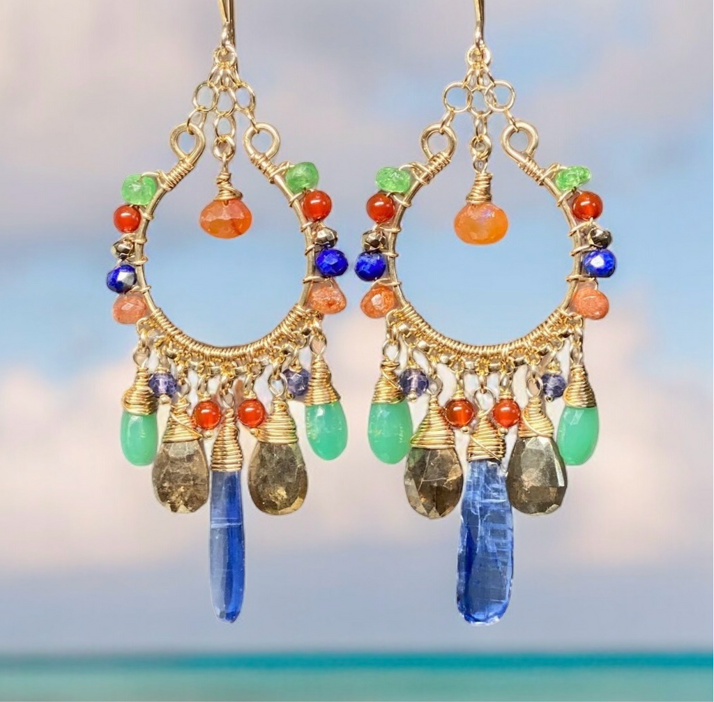Colorful Chandelier Earrings Gold Fill Kyanite Carnelian Chrysoprase Lapis