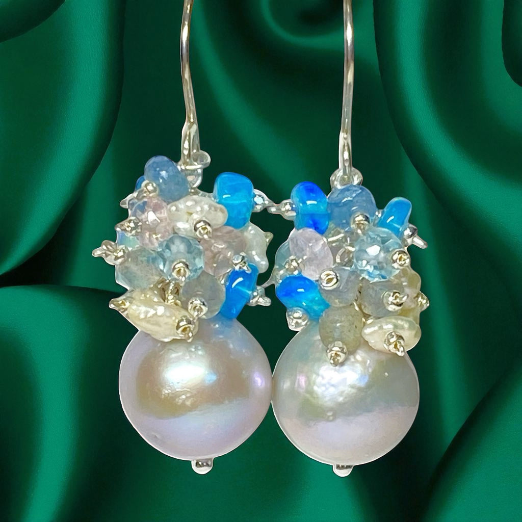 Silver Pearl Cluster Earrings with Blue Opal, Keishi Pearls, Aquamarine in Sterling Silver