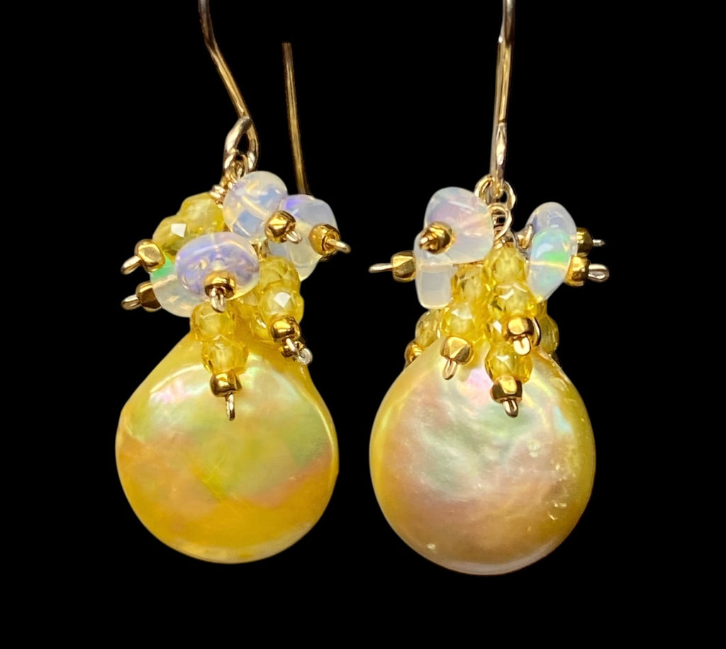 Yellow Coin Pearl Earrings with Opal Clusters Gold Fill