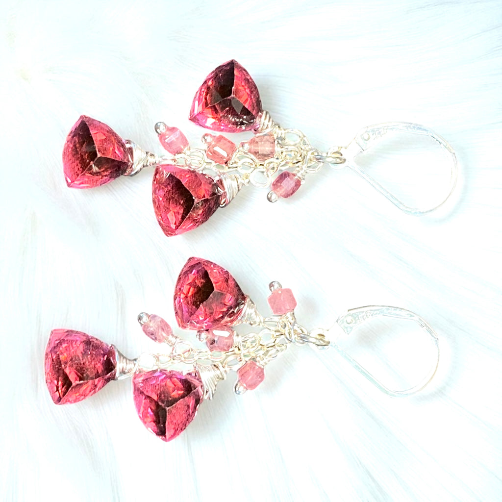 Pink Tourmaline and Quartz Dangle Earrings Sterling Silver