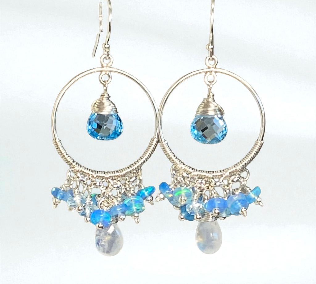 Blue Topaz, Opal, Chandelier Hoop Earrings Sterling Silver