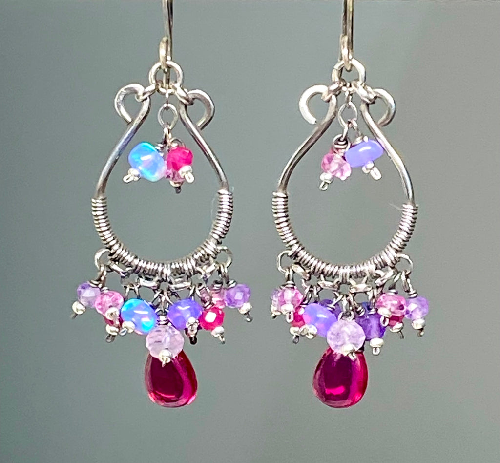 Pink Rubellite, Lavender Gems Oxidized Silver Hoop Chandelier Earrings,