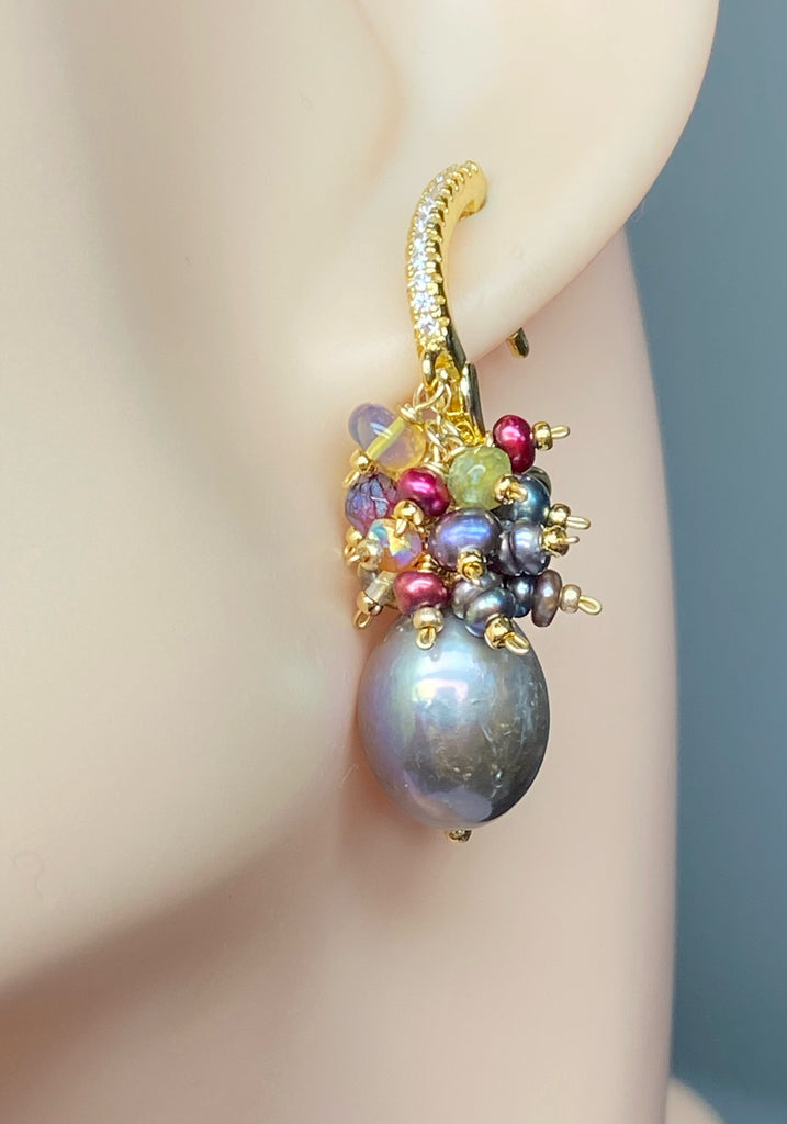 Grey Pearl Earrings with Colorful Gemstone Clusters in Sterling Silver