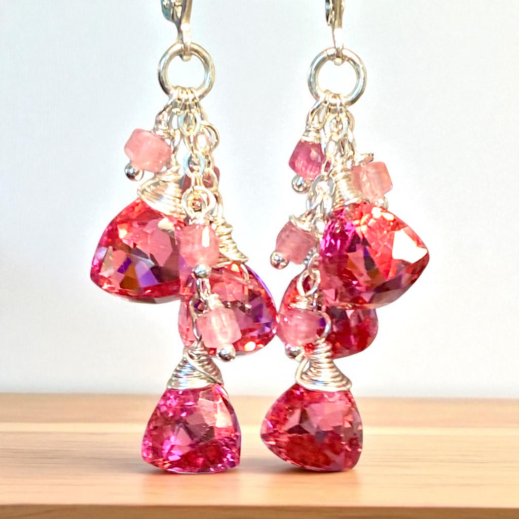 Pink Tourmaline and Quartz Dangle Earrings Sterling Silver
