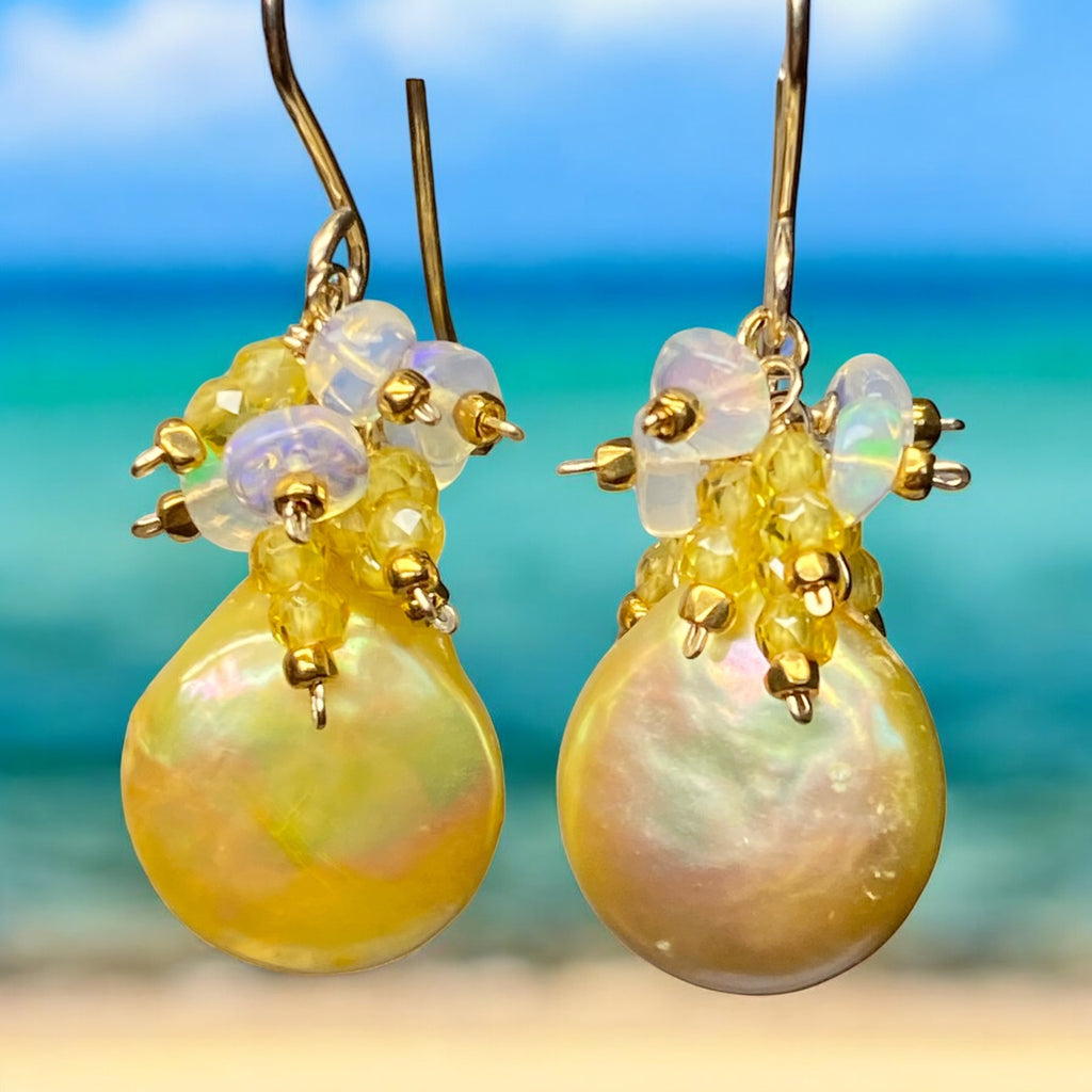 Yellow Coin Pearl Earrings with Opal Clusters Gold Fill