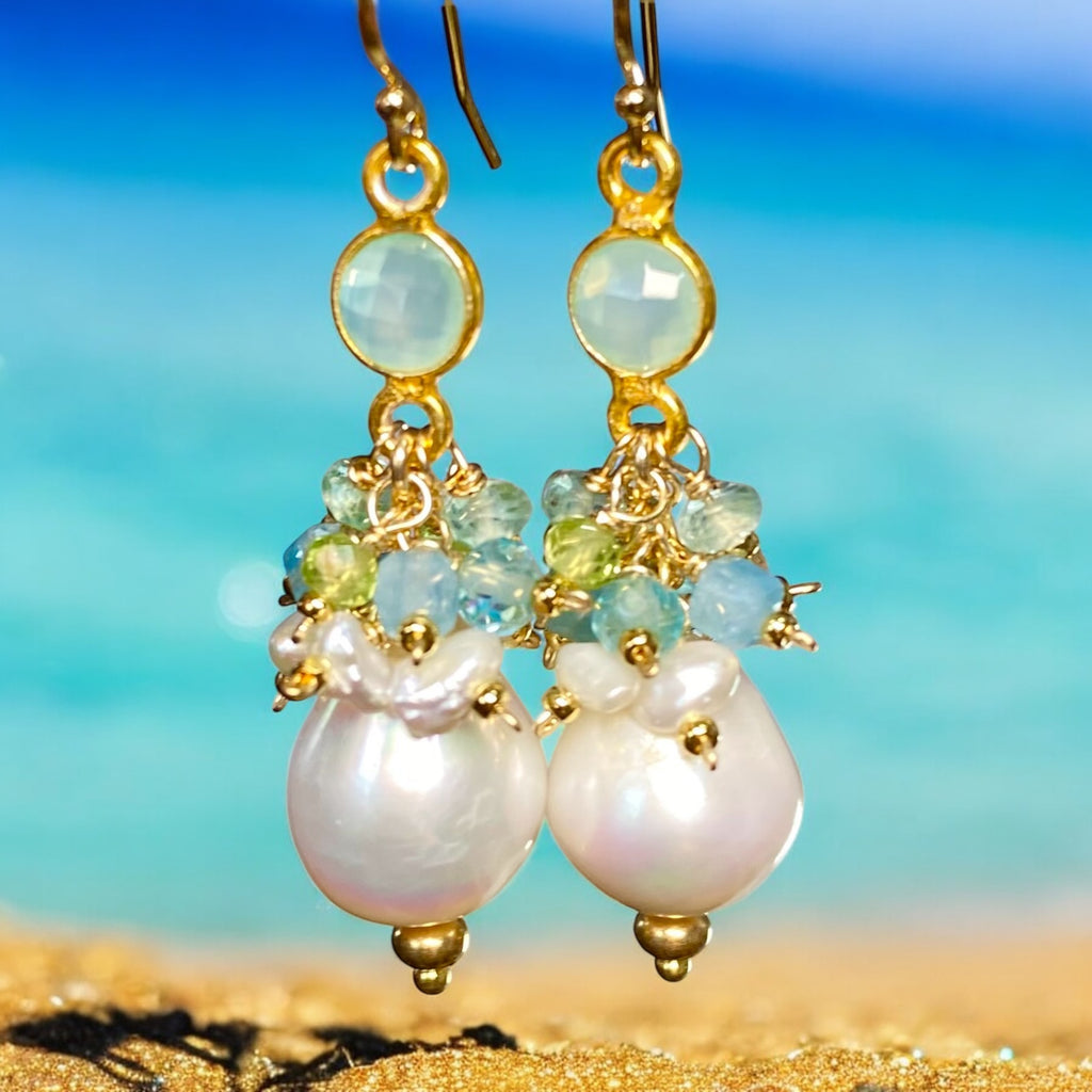 Pearl Cluster Earrings with Peridot, Aquamarine, Apatite in Gold