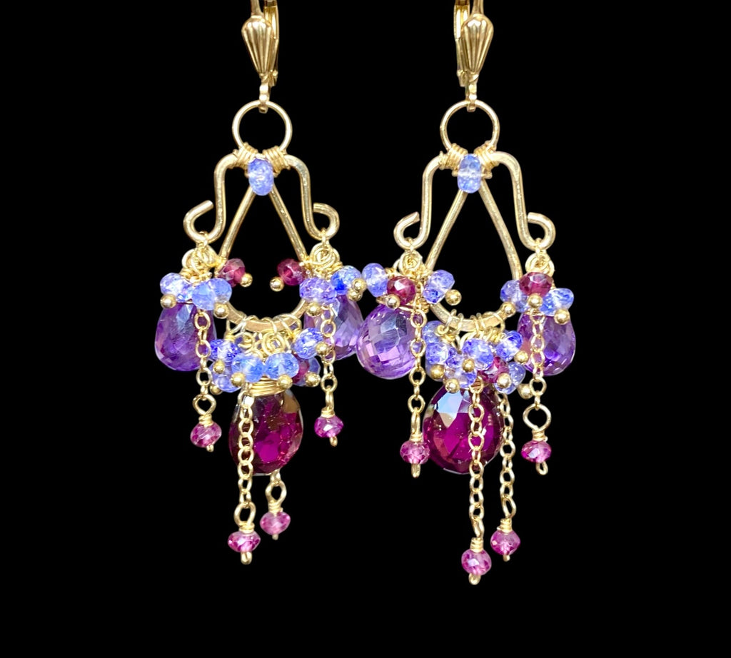 Garnet Amethyst Tanzanite Gold Multicolor Chandelier Earrings