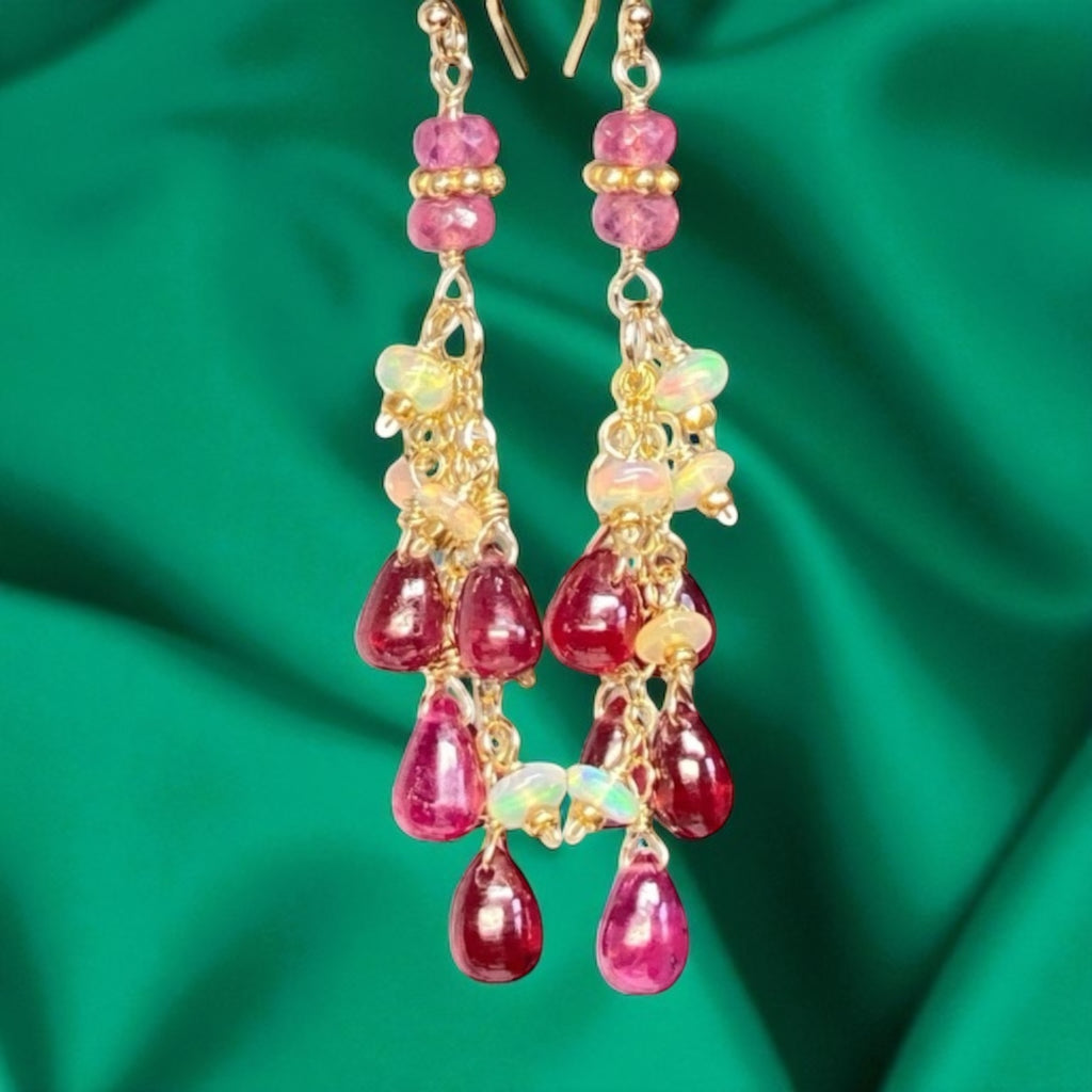 Pink Sapphire and Opal Tassel Earrings, Gold Fill