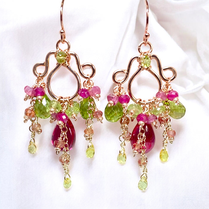 Rubellite and Peridot Rose Gold Chandelier Earrings - Pink and Green