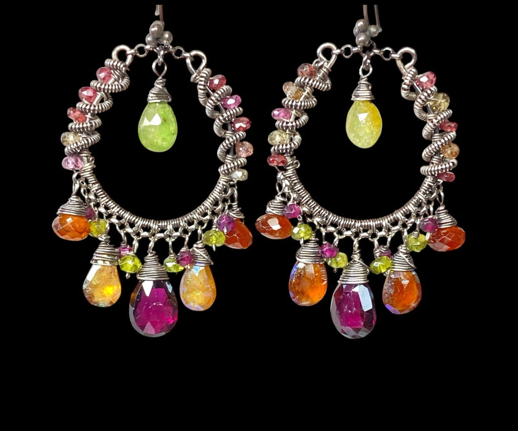 Multi-color Garnet Chandelier Hoop Earrings Coiled Oxidized Sterling Silver