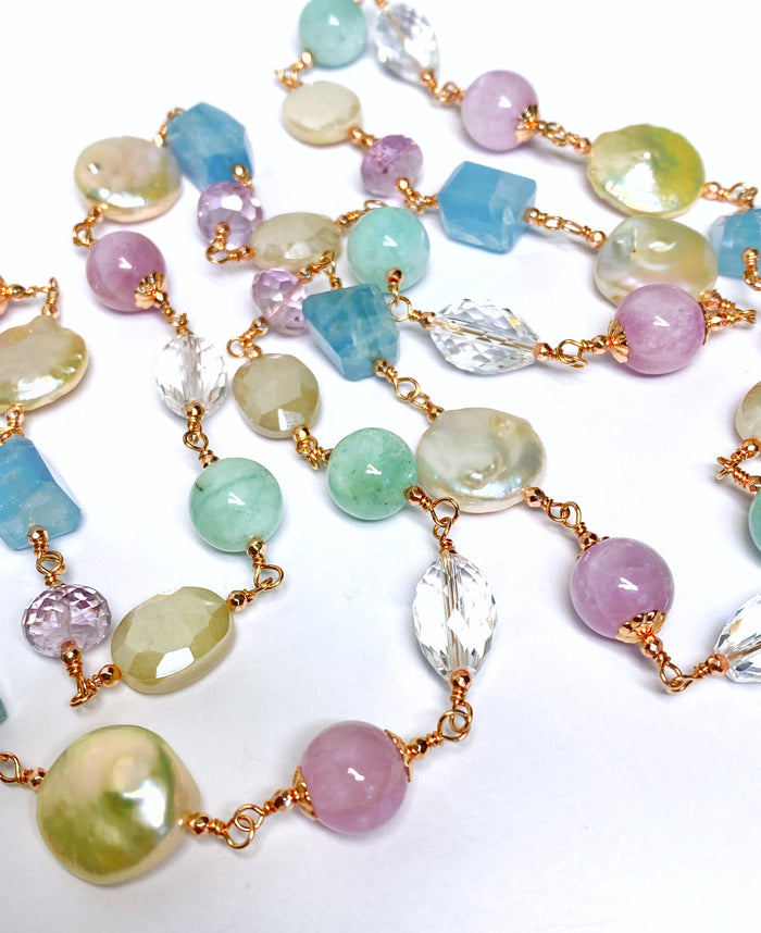 Long Multi Gemstone Pearl Necklace Aquamarine Amethyst Kunzite Rose Gold Fill