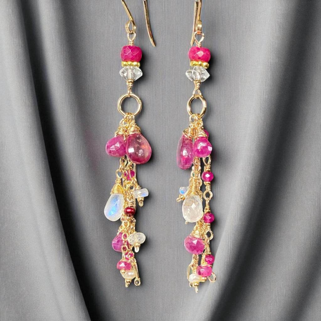 Red Ruby, Pink Sapphire Long Boho Dangle Earrings in Gold Fill with Moonstone