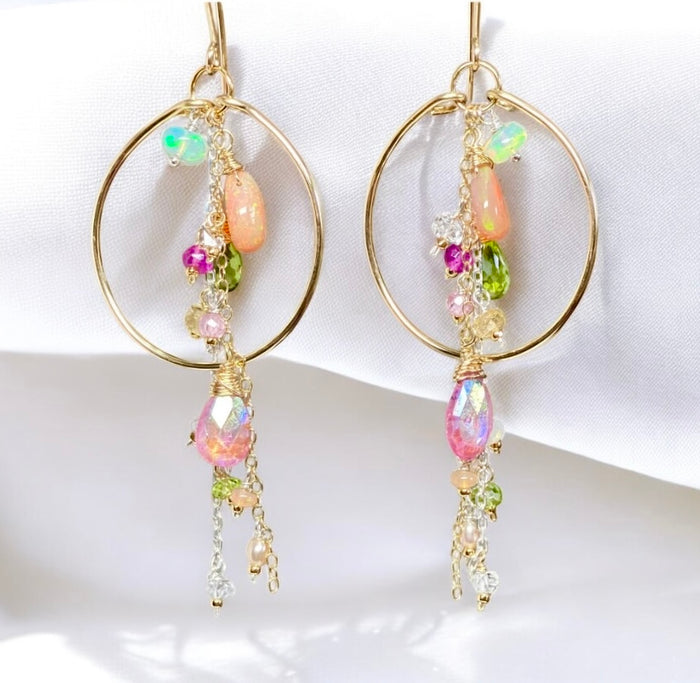 Gold Fill Hoop Earrings with Multi Gemstone Dangles, Opals, Peridot
