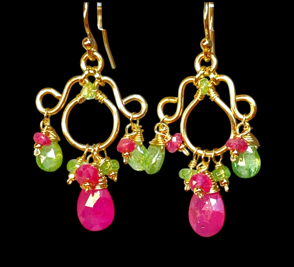 Tsavorite Garnet, Pink Sapphire Gold Fill Chandelier Earrings - Pink, Green Gemstones