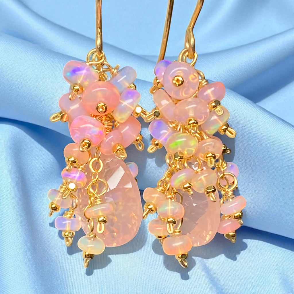 Pink Opal Cluster Earrings Rose Quartz Concave Cut Briolette Earrings Gold